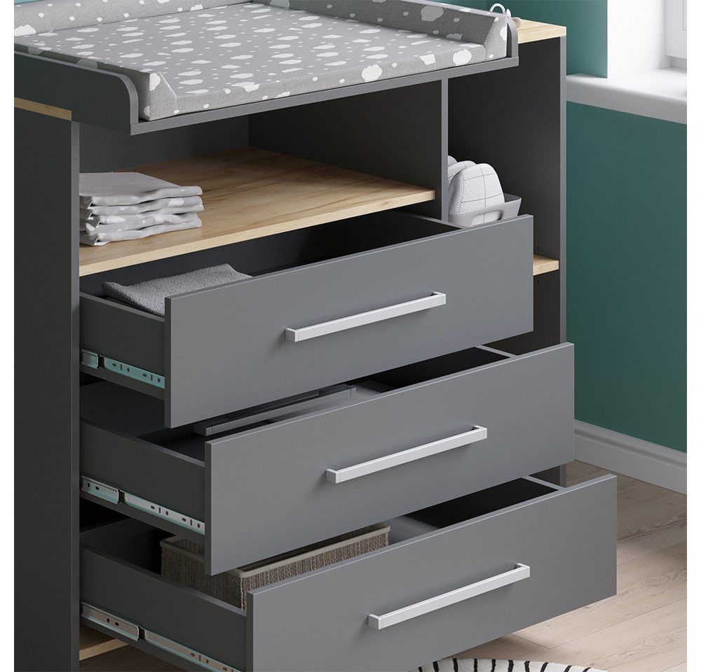 Vicco Wickelkommode Oskar, Anthrazit/Goldkraft Eiche, 113 x 93 cm mit 3 Schubladen – Bild 4 von 5