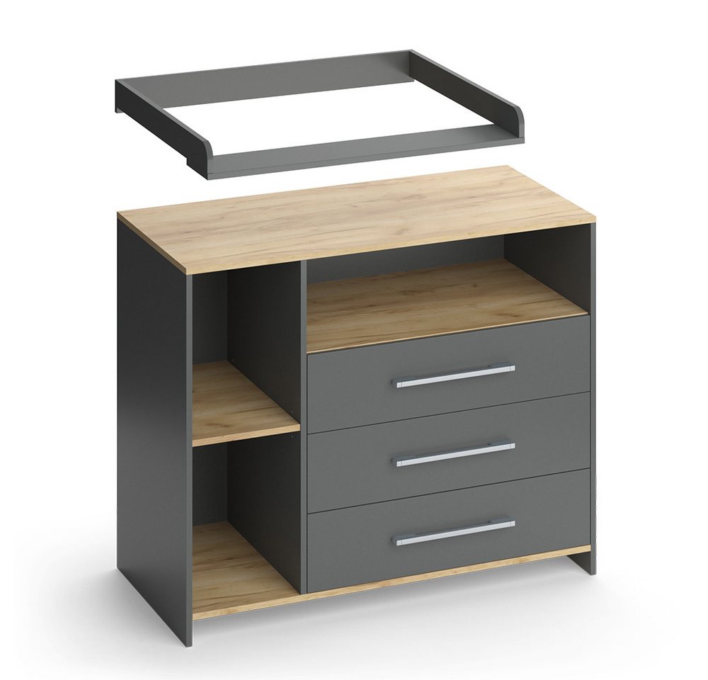 Vicco Wickelkommode Oskar, Anthrazit/Goldkraft Eiche, 113 x 93 cm mit 3 Schubladen – Bild 5 von 5
