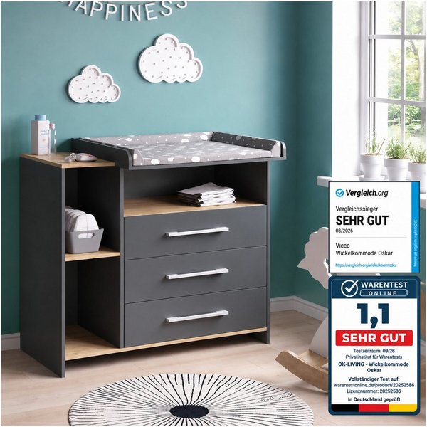 Vicco Wickelkommode Oskar, Goldkraft Eiche/Anthrazit, 113 x 100 cm