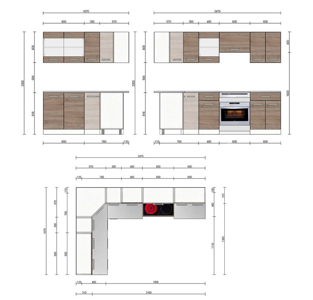 Vicco Winkelküche R-Line, Sonoma/Weiß, 247 x 167 cm, AP Marmor – Bild 3 von 5