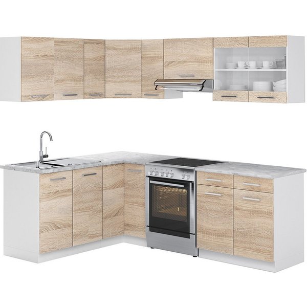 Vicco Winkelküche R-Line, Sonoma/Weiß, 227 x 167 cm, AP Marmor
