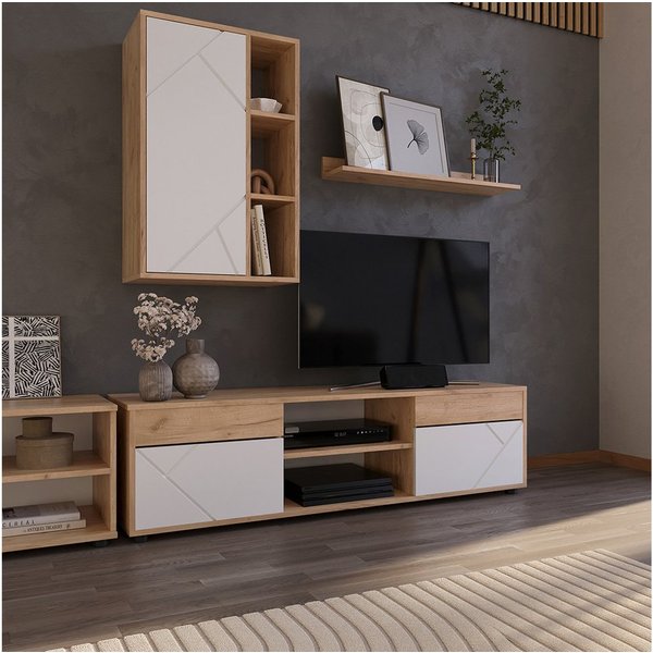 Vicco Wohnwand Berno, Goldkraft Eiche/Weiß, 2 Teile, (1-St)
