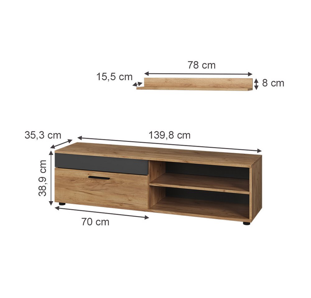Vicco Wohnwand Berno, Goldkraft Eiche/Anthrazit, mit 1 Klappe, (2-St) – Bild 3 von 5