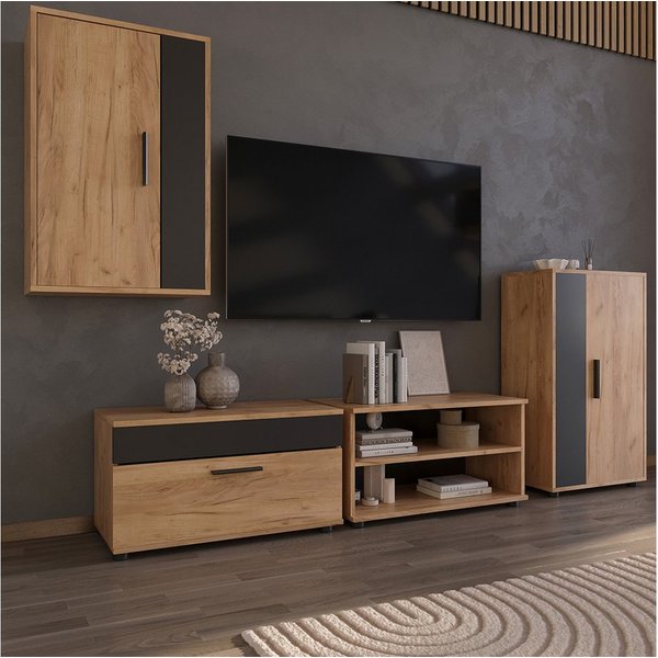 Vicco Wohnwand Berno, Goldkraft Eiche/Anthrazit, 2 Teile, (2-St)