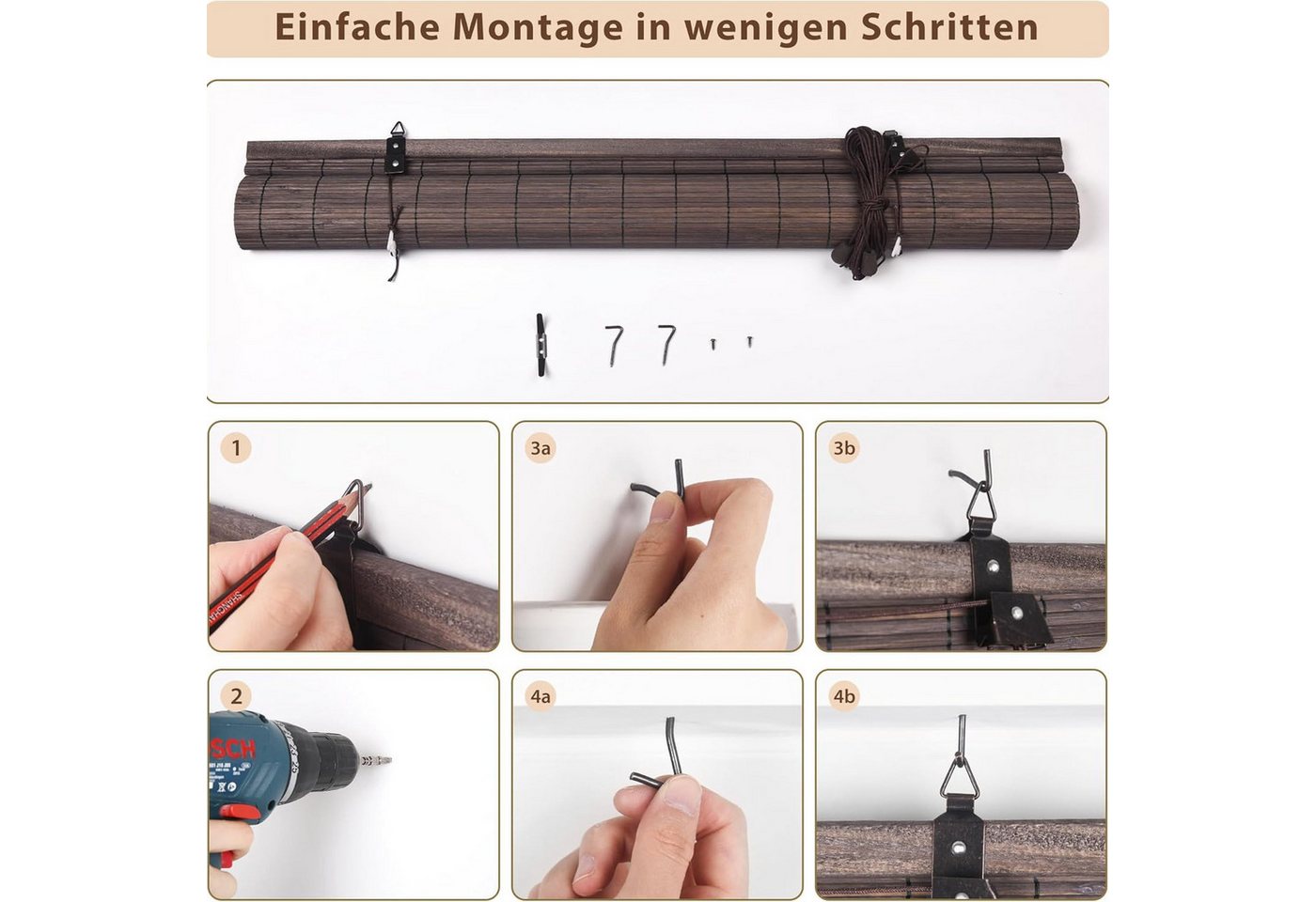 Rollo Bambusrollo, 40 x 130 cm, kirsche, Victoria M., verdunkelnd, ohne Bohren, freihängend, verschraubt, ohne Bohren, zum Schrauben – Bild 5 von 5