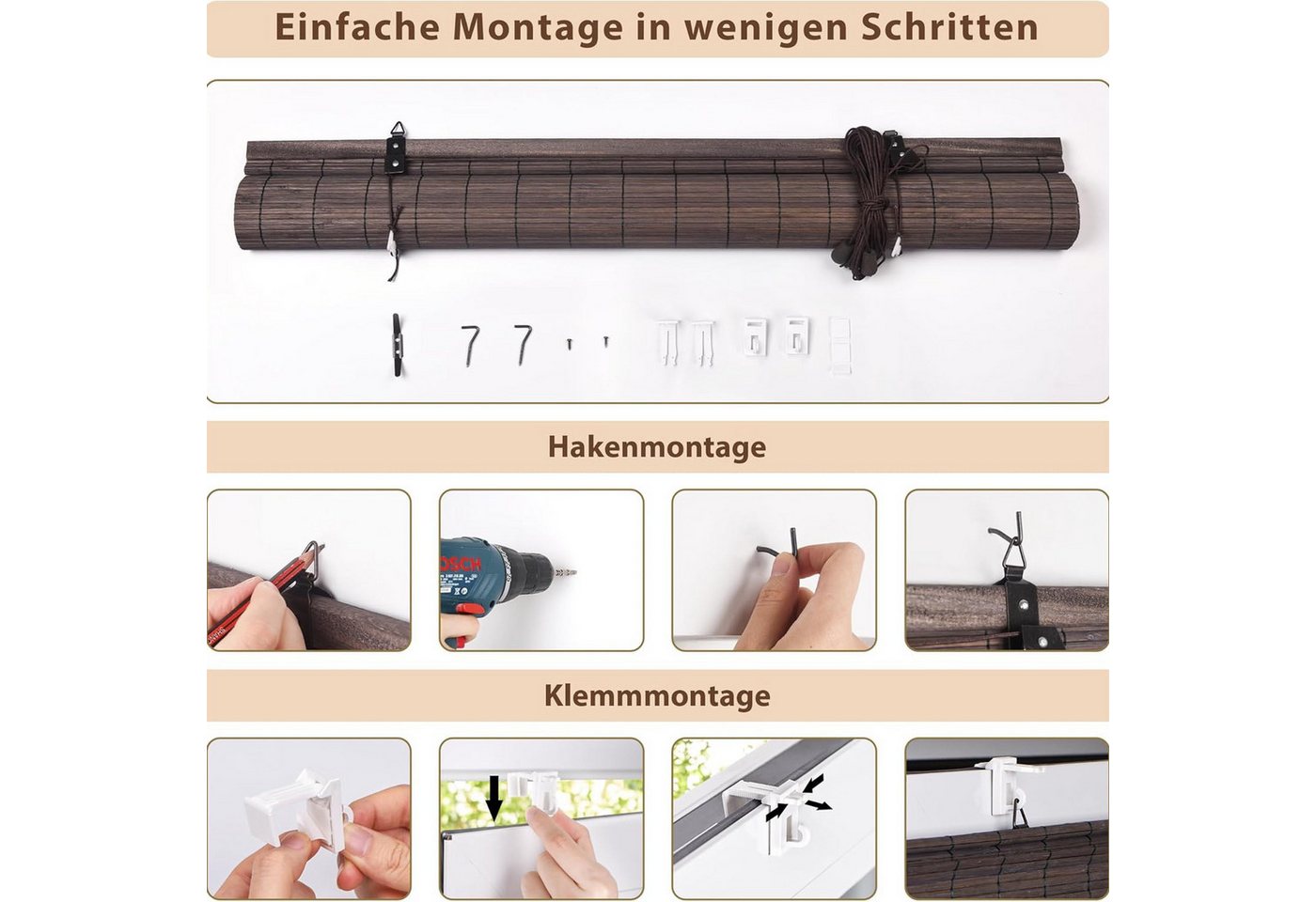 Rollo Bambusrollo Klemmfix, 40 x 130 cm, kirsche, Victoria M., verdunkelnd, ohne Bohren, freihängend, Klemmfix, Klemmfix, Bambus – Bild 5 von 5