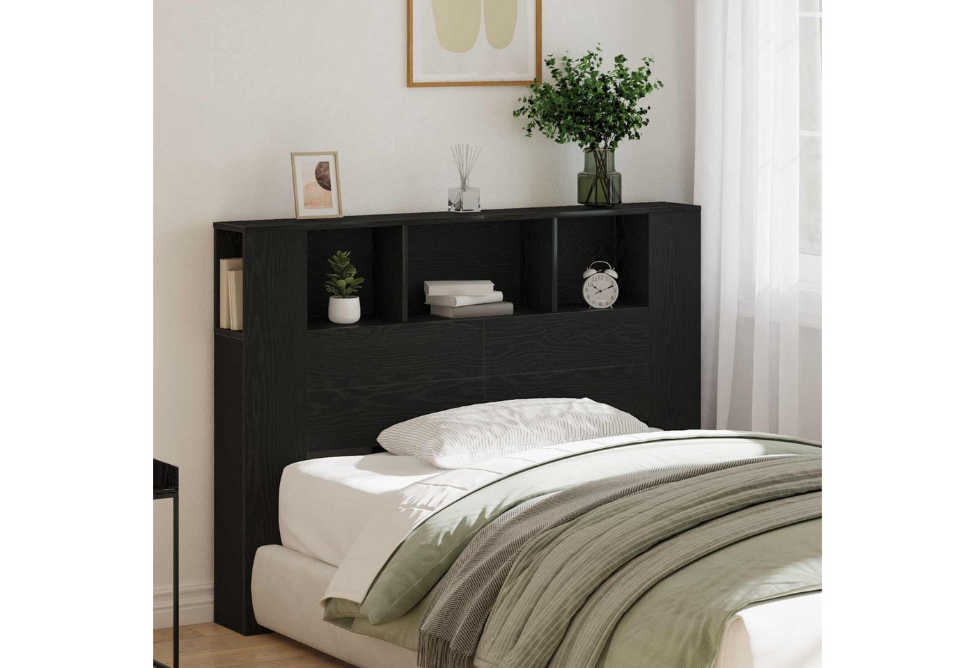 vidaXL Bett Kopfteil Schrank Schwarz Eichen-Optik Holzwerkstoff (1-tlg) – Bild 4 von 5