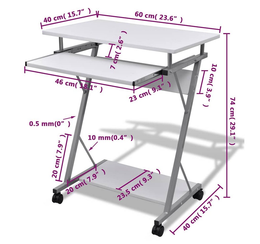 vidaXL Schreibtisch Kompakter Computertisch mit Tastaturablage Weiß, Schreibtisch Rollen Computertisch Computerwagen Arbeitstisch PC Tisch – Bild 5 von 5