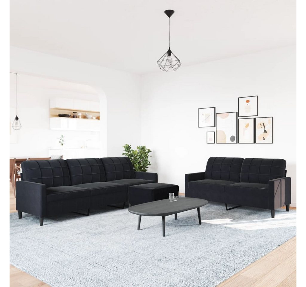 vidaXL Sofa 3-tlg. Sofagarnitur mit Kissen Schwarz Samt, 1 Teile – Bild 3 von 5