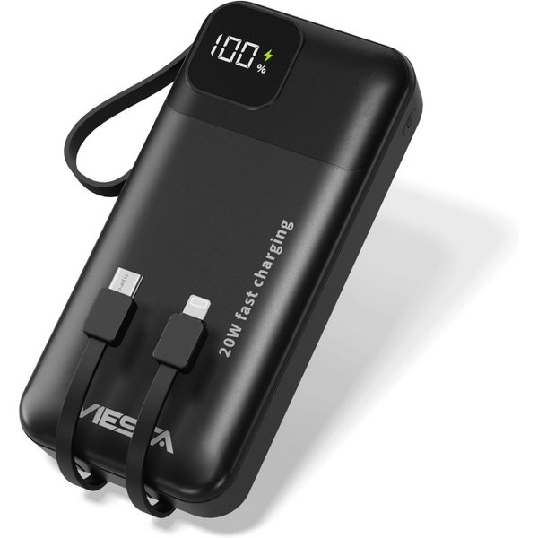 VIESTA 20.000 mAh, 22,5 W Schnelllade, PD 20 W, LCD-Display, Schwarz Powerbank, integriertes USB-C- & Lightning-Kabel, LED-Taschenlampe, USB-A