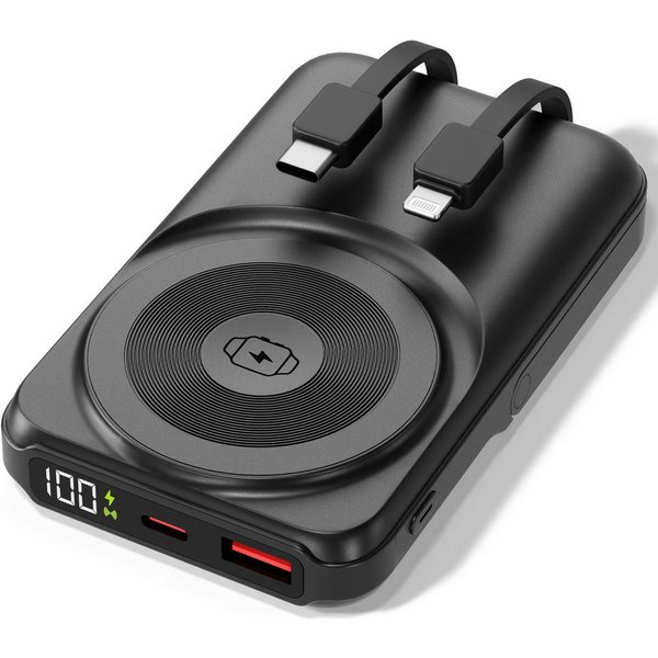 VIESTA 22,5 W Schnellladen, LED-Display, ALL-IN-ONE 10.000 mAh Schwarz Powerbank, 15 W Wireless, Apple Watch, integrierte Kabel USB-C & Lightning
