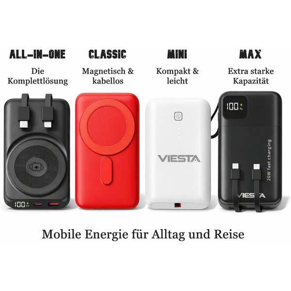 VIESTA PD20W QC22,5W USB-C Wireless Magnet 9000/10.000/20.000 mAh je Variante Powerbank, Praktische Mini/Classic/All-in-One/Max für flexibles Laden unterwegs