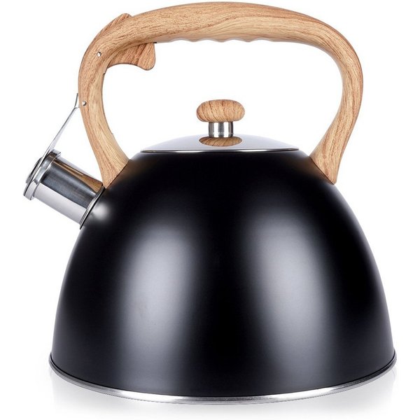 Vilde Wasserkessel Pfeifkessel Edelstahl schwarz mit Holzimitatgriff, Edelstahl (1-tlg), mit Pfeife, 3L, für alle Herdarten, wärmeisolierend