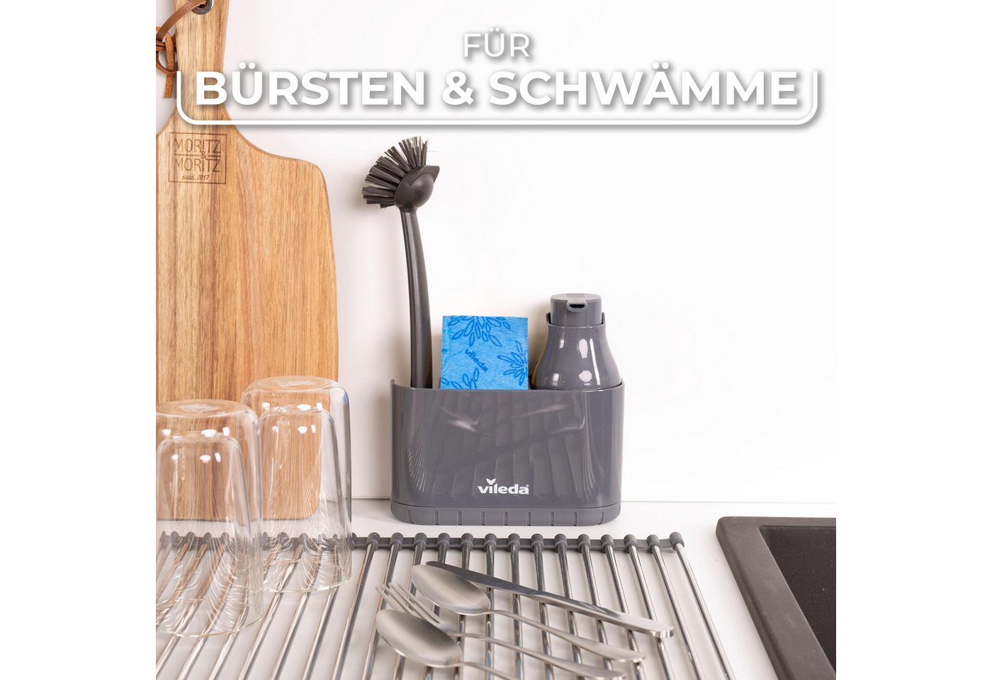 Vileda Küchenorganizer-Set Spülbeckenorganizer mit Seifenspender Polypropylen, (Set, Set), mit Seifenspender für Schwämme & Bürsten – Bild 3 von 5