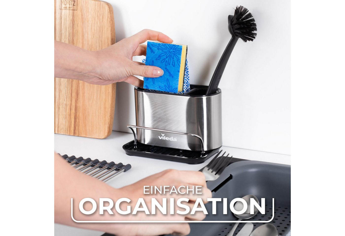 Vileda Küchenorganizer-Set Spülbeckenorganizer mit Schwamhalter Edelstahl – Bild 5 von 5