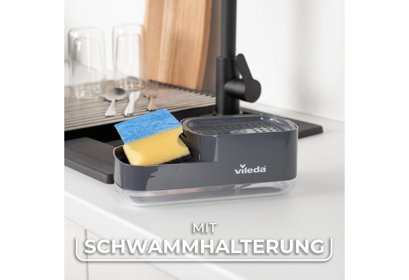 Vileda Spülmittelspender Pumpspender mit Schwammablage Polypropylen, (Set, Set), mit Schwammablage Polypropylen – Bild 4 von 5