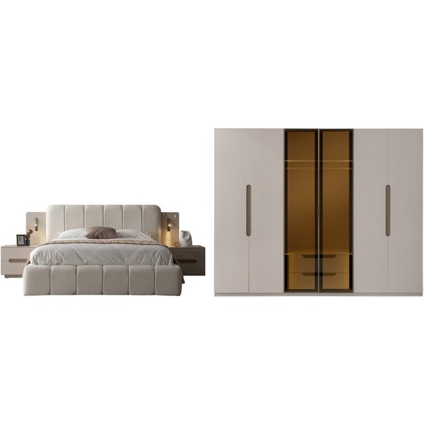 Villa Möbel Schlafzimmer-Set Maldiv, (Schlafzimmer-Set, 4-tlg., Bett mit Kopfteil, 2 Nachttische und Kleiderschrank), Polsterbett Beleuchtung Kleiderschrank Gla