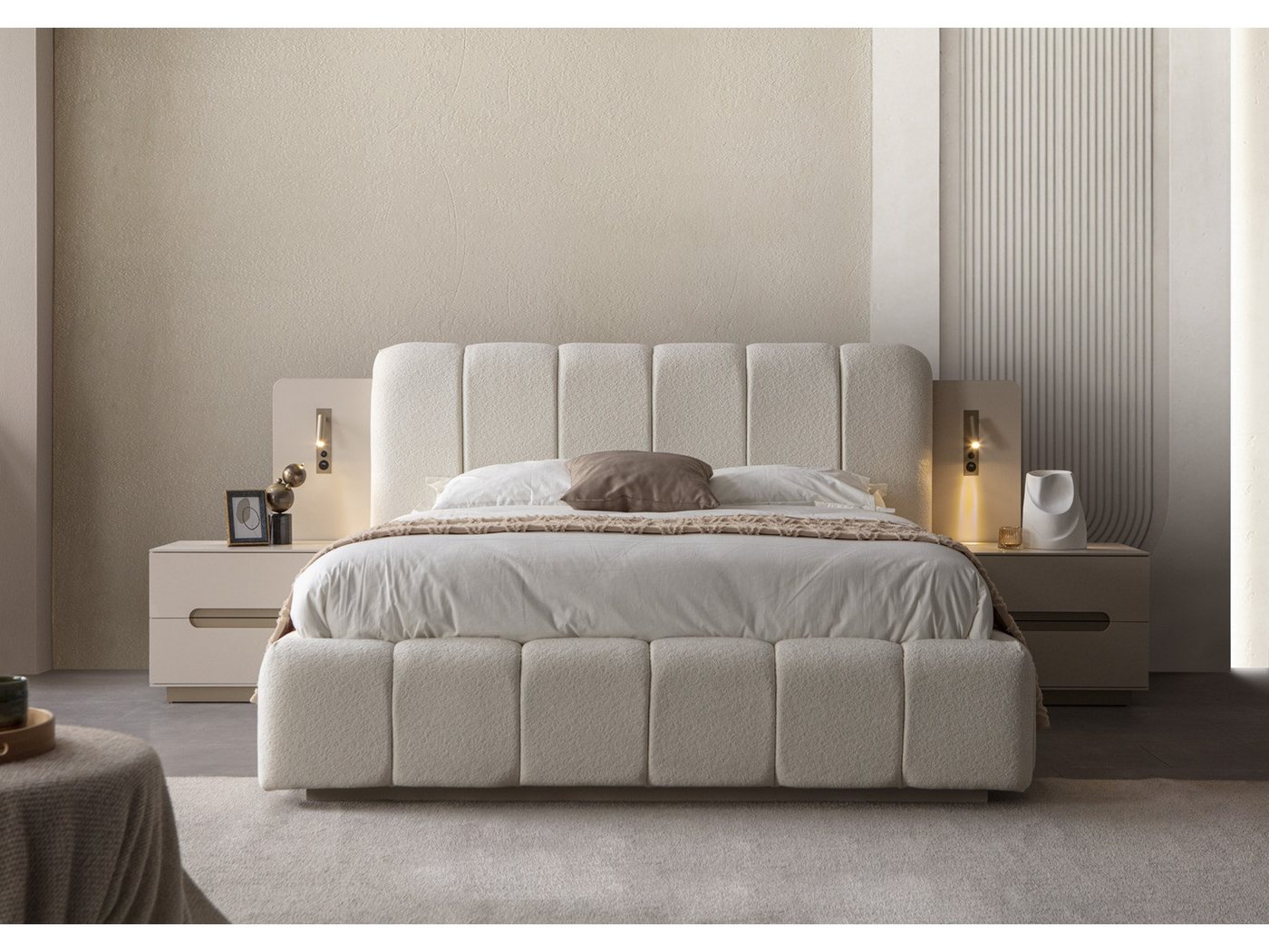 Villa Möbel Schlafzimmer-Set Maldiv, (Schlafzimmer-Set, 4-tlg., Bett mit Kopfteil, 2 Nachttische und Kleiderschrank), Polsterbett Beleuchtung Kleiderschrank Gla – Bild 2 von 5