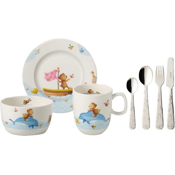 Villeroy & Boch Kindergeschirr-Set Happy as a Bear, Porzellan, rostfreier Edelstahl 18/10, 7-tlg.
