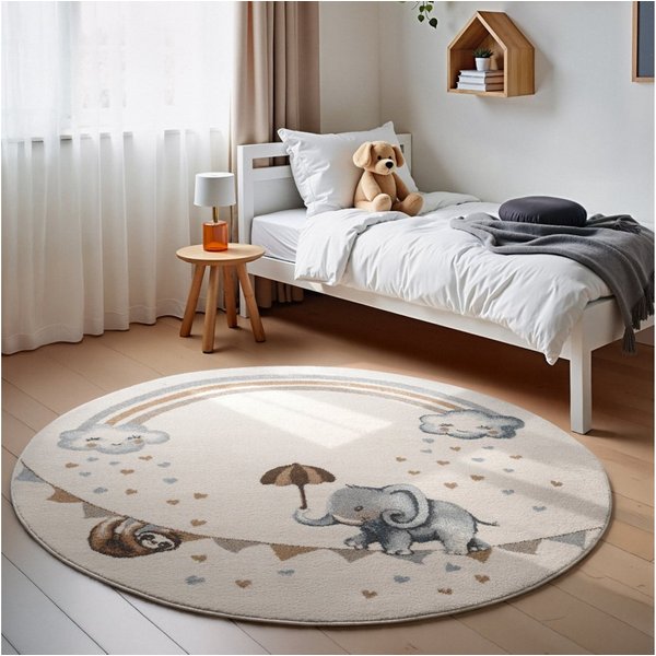 Villeroy & Boch Kinderteppich Walk like an Elephant Rainbow Teppich, rund, Höhe: 9 mm, Spielteppich weich, Kinderzimmer, Boho Kids Spielunterlage, Tieremotiv