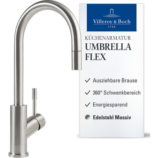 Villeroy & Boch Küchenarmatur Umbrella Flex ausziehbare Handbrause, 360° Schwenkbereich, Edelstahl massiv