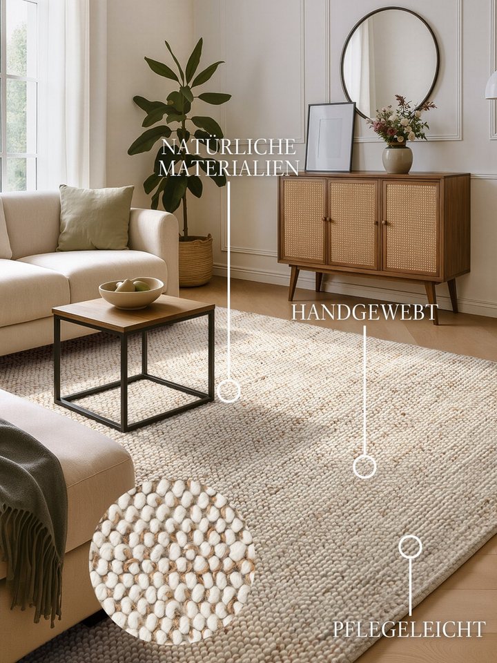 Villeroy & Boch Teppich Peas, rechteckig, Höhe: 18 mm, Handgewebt, Bouclé, Wolle, Jute, Natur, Läufer, Wohnzimmer, Skandi – Bild 3 von 5