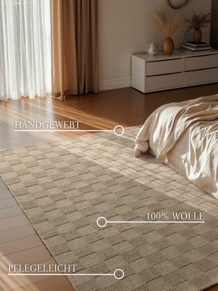 Villeroy & Boch Wollteppich Scala, rechteckig, Höhe: 10 mm, Handgewebt, Wolle, Kariert, Natur, 3D-Struktur, Karo, Wohnzimmer – Bild 3 von 5