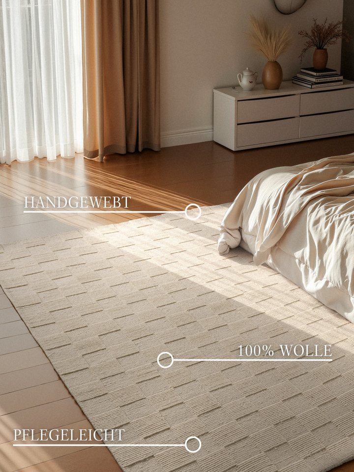 Villeroy & Boch Wollteppich Scala, rechteckig, Höhe: 10 mm, Handgewebt, Wolle, Kariert, Natur, 3D-Struktur, Karo, Wohnzimmer – Bild 3 von 5