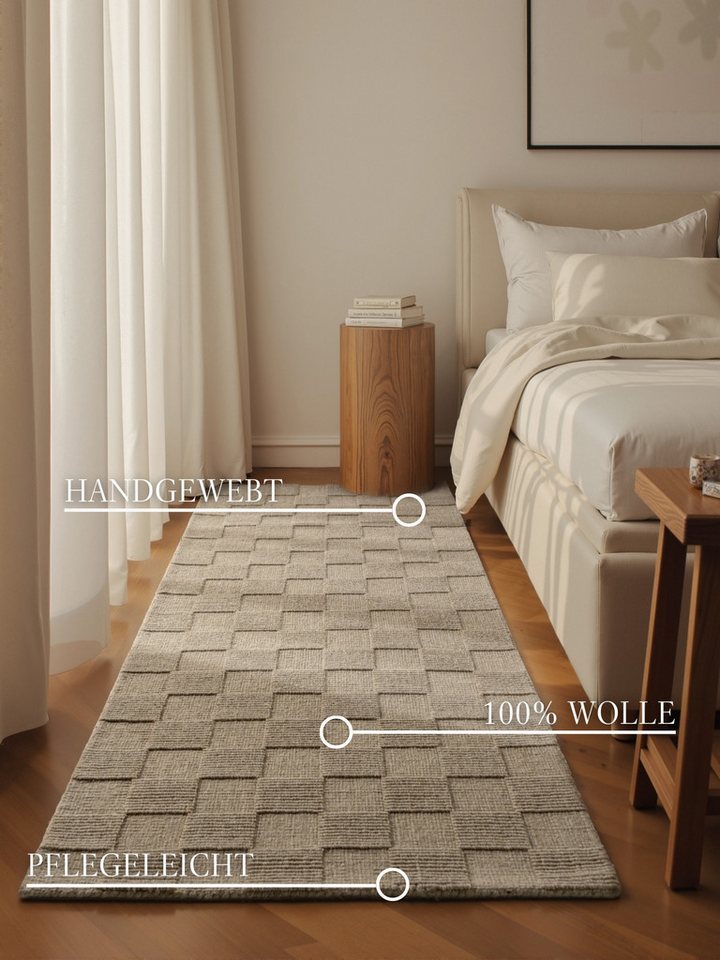 Villeroy & Boch Wollteppich Scala, rechteckig, Höhe: 10 mm, Handgewebt, Wolle, Kariert, Natur, 3D-Struktur, Karo, Wohnzimmer – Bild 3 von 5