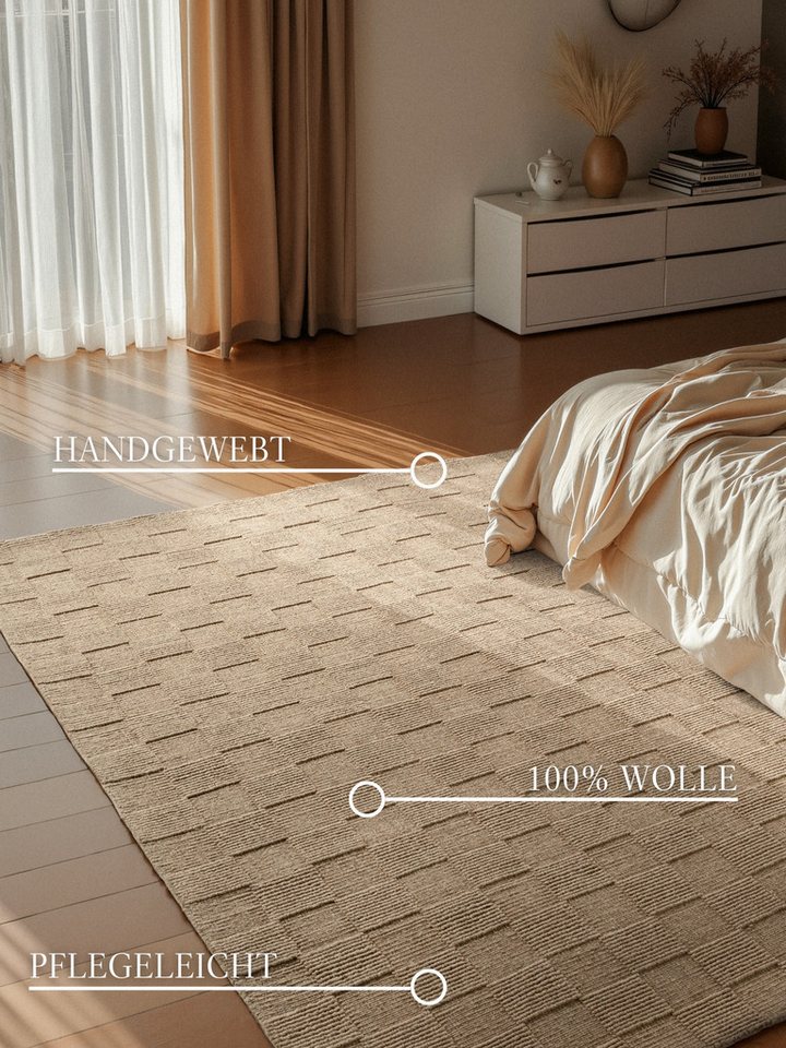 Villeroy & Boch Wollteppich Scala, rechteckig, Höhe: 10 mm, Handgewebt, Wolle, Kariert, Natur, 3D-Struktur, Karo, Wohnzimmer – Bild 3 von 5