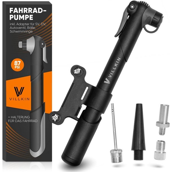 Villkin Fahrradpumpe, kleine Luftpumpe, Ballpumpe, Reifenpumpe, Handpumpe (22,5cm) (4-tlg., Befestigung für Fahrrad vorhanden), mehrere Adapter
