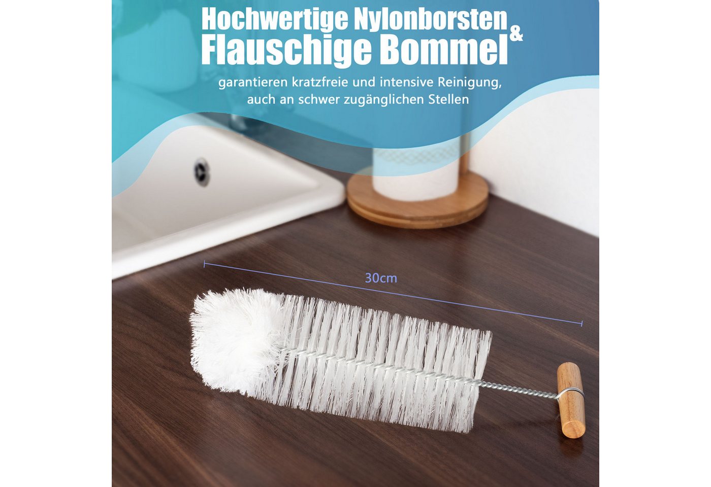 Villkin Reinigungsbürste, Flaschenbürste Sodastream, Spülbürste, Gefäßbürste (30cm), Flaschen, Karaffen, Vasen, Glässer, Shaker, Kannen, (1-tlg), Bommel – Bild 2 von 5