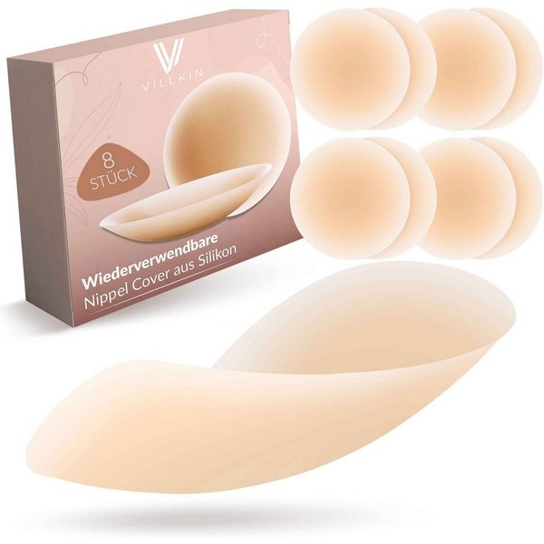 Villkin Set: Klebe-BH, Nippelpads, Nipplecover, Brustwarzenabdeckung, Silikonpads (8,5 cm) (4-tlg., flexibel, wiederverwendbar, hautfreundlich) Wiederverwendbar