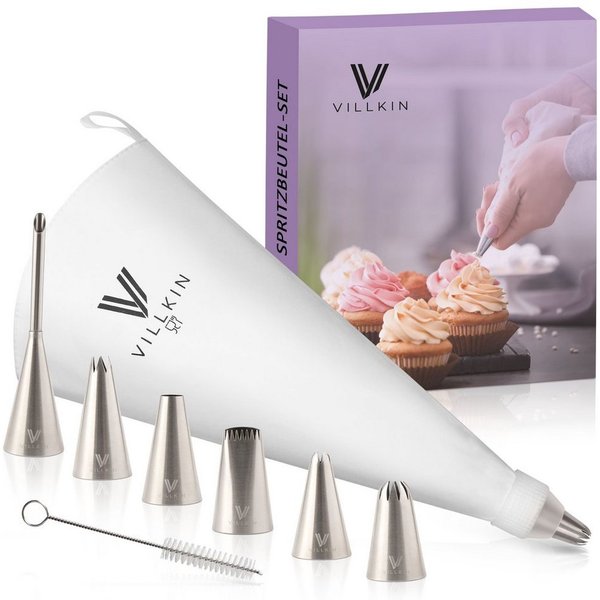 Villkin Spritzbeutel, Spritztülle zum Dekorieren/Befüllen/Formen - inkl. Putzbürste (33,5cm, 6x Spitzen, 1x Tülle, 1x Adapter, 1x Putzbürste) Spühlmaschienengee