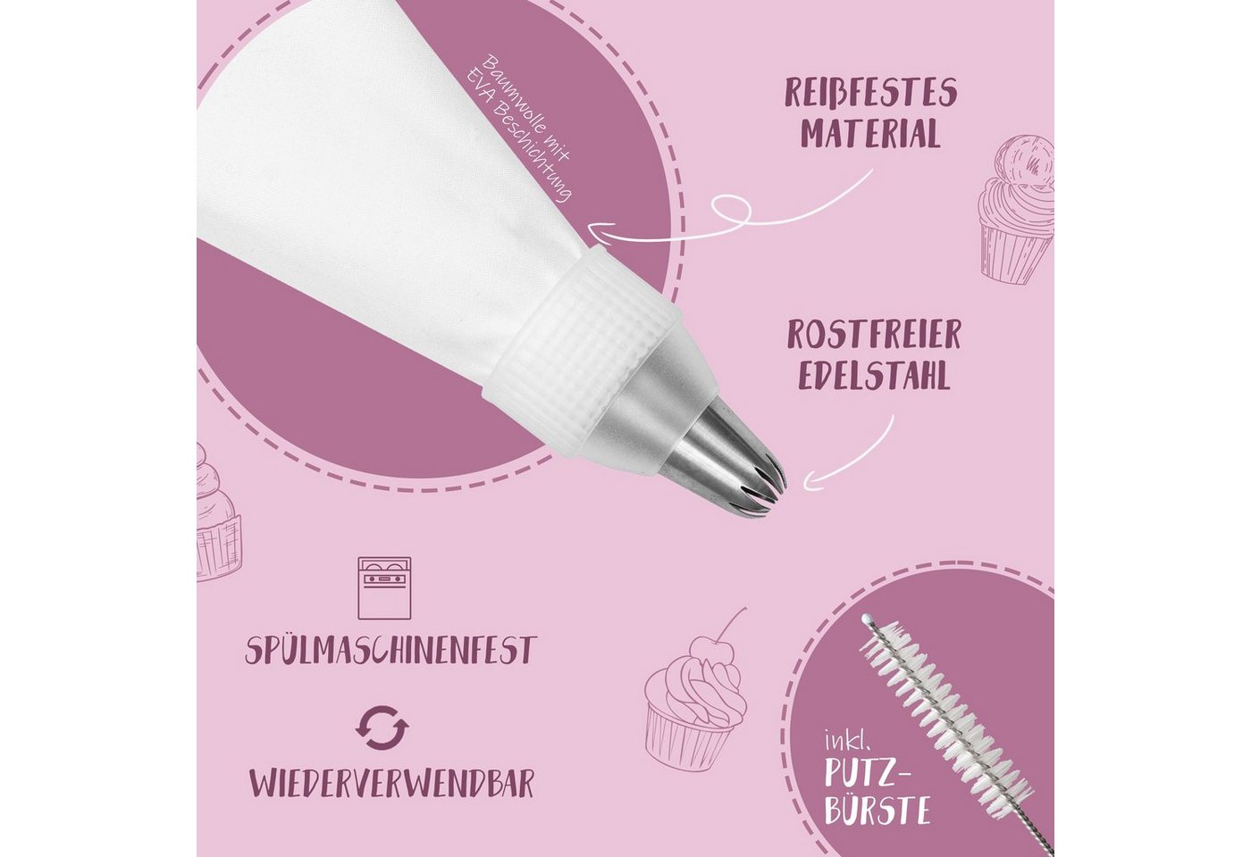 Villkin Spritzbeutel, Spritztülle zum Dekorieren/Befüllen/Formen - inkl. Putzbürste (33,5cm, 6x Spitzen, 1x Tülle, 1x Adapter, 1x Putzbürste) Spühlmaschienengee – Bild 3 von 5