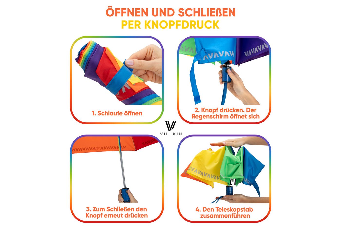Villkin Taschenregenschirm, Kinderschirm Bunt mit Reflexstreifen, Regenschirm, Mini-Schirm, kompakt, leichtgewicht, trocknet schnell, Reflexstreifen – Bild 3 von 5