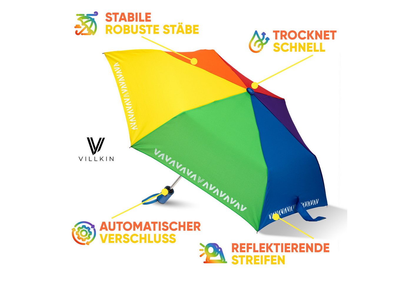 Villkin Taschenregenschirm, Kinderschirm Bunt mit Reflexstreifen, Regenschirm, Mini-Schirm, kompakt, leichtgewicht, trocknet schnell, Reflexstreifen – Bild 4 von 5