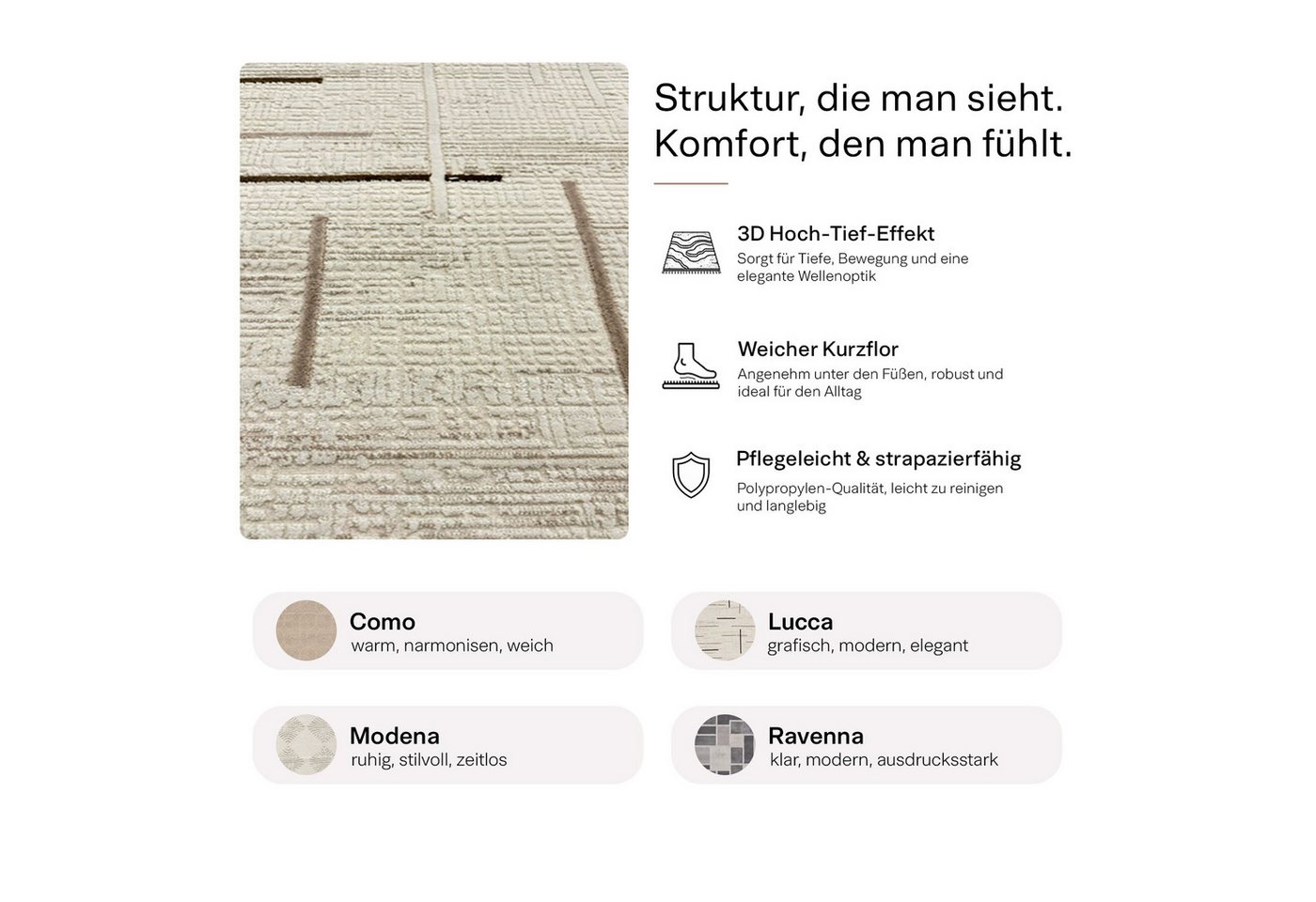 Vimoda Designteppich Boho Design Kurzflor Teppich 3D Hoch-Tief-Effekt, Rechteckig, Höhe: 12 mm, Teppich Wohnzimmer & Schlafzimmer – Bild 3 von 5