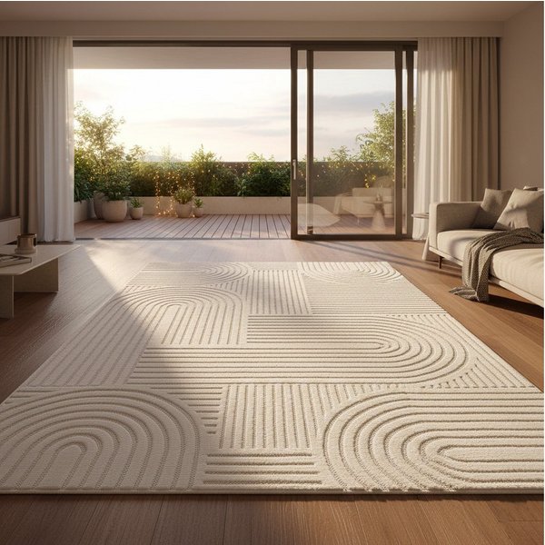 Vimoda Designteppich hoch/tief Motiv, Kurzflor Teppich Creme, Uni, Rechteckig, Höhe: 10 mm, Teppich Boho Design, Wohnzimmer, Schlafzimmer& Küche