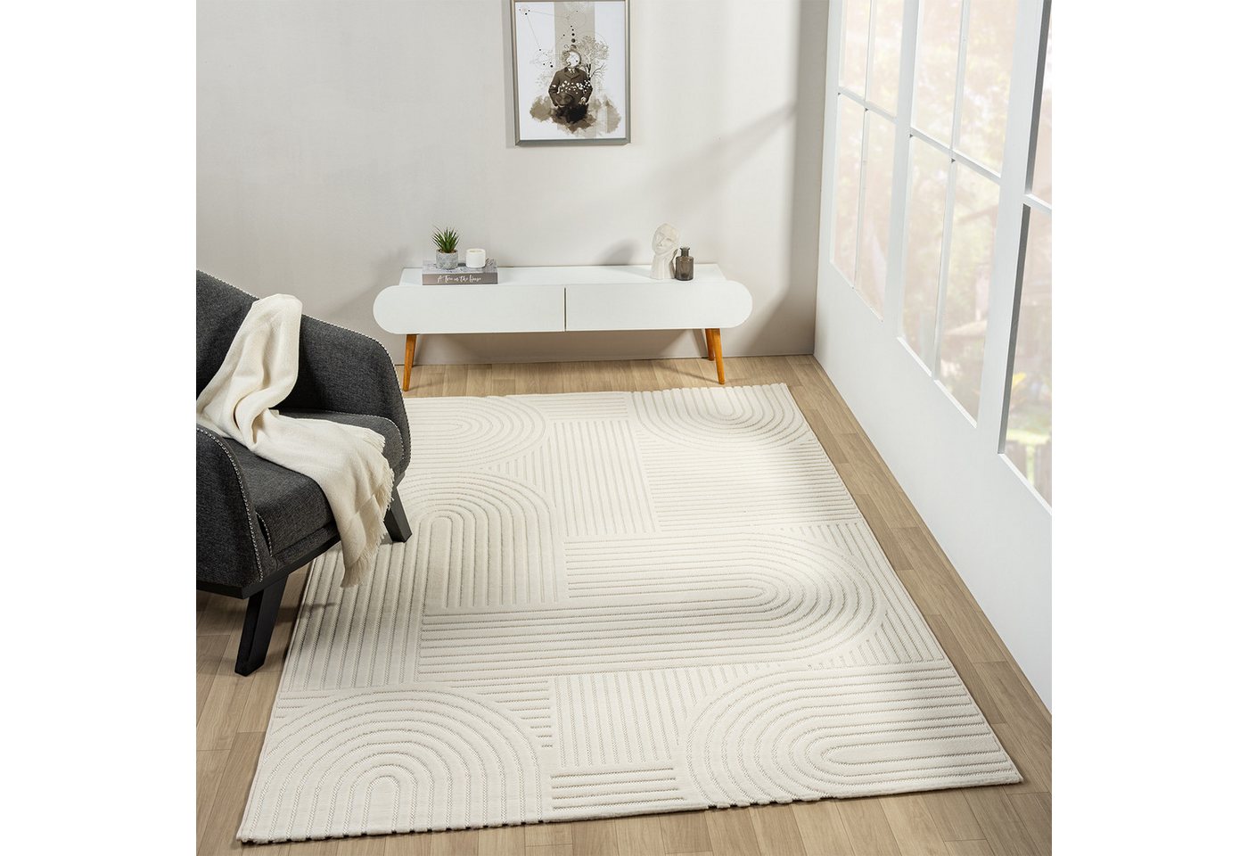 Vimoda Designteppich hoch/tief Motiv, Kurzflor Teppich Creme, Uni, Rechteckig, Höhe: 10 mm, Teppich Boho Design, Wohnzimmer, Schlafzimmer& Küche – Bild 3 von 5