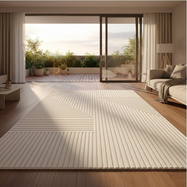 Vimoda Designteppich hoch/tief Motiv, Kurzflor Teppich Creme, Uni, Rechteckig, Höhe: 10 mm, Teppich Boho Design, Wohnzimmer, Schlafzimmer& Küche