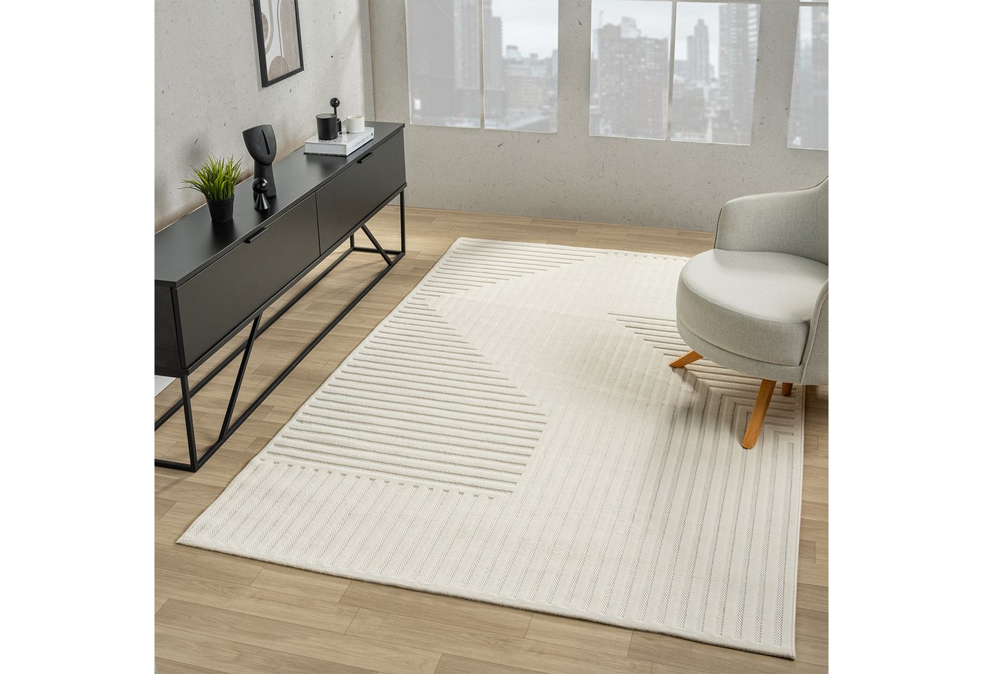 Vimoda Designteppich hoch/tief Motiv, Kurzflor Teppich Creme, Uni, Rechteckig, Höhe: 10 mm, Teppich Boho Design, Wohnzimmer, Schlafzimmer& Küche – Bild 3 von 5