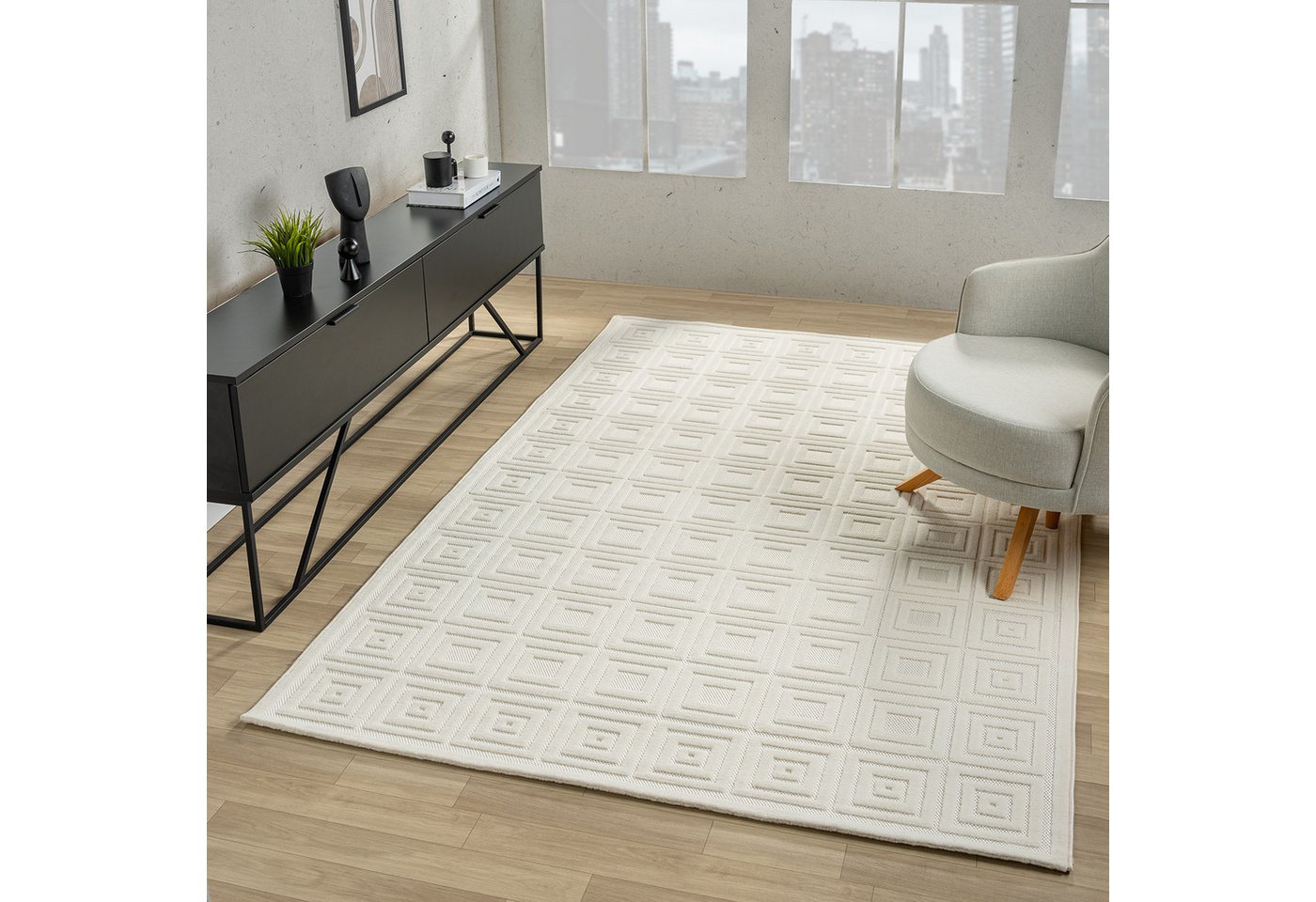 Vimoda Designteppich hoch/tief Motiv, Kurzflor Teppich Creme, Uni, Rechteckig, Höhe: 10 mm, Teppich Boho Design, Wohnzimmer, Schlafzimmer& Küche – Bild 3 von 5