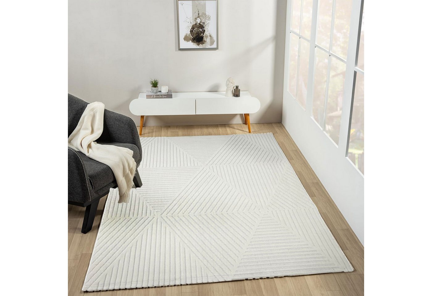 Vimoda Designteppich hoch/tief Motiv, Kurzflor Teppich Creme, Uni, Rechteckig, Höhe: 10 mm, Teppich Boho Design, Wohnzimmer, Schlafzimmer& Küche – Bild 3 von 5