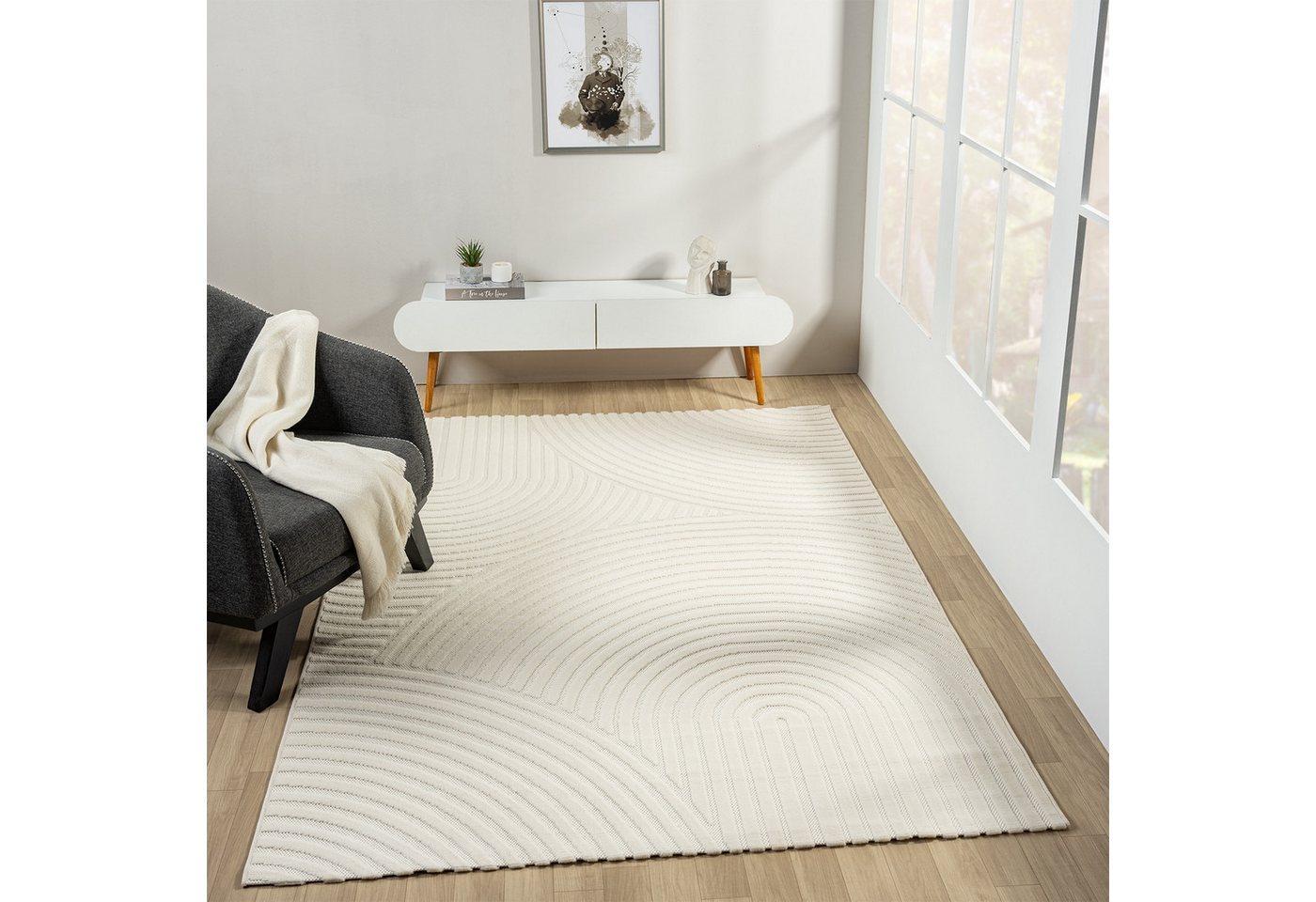Vimoda Designteppich hoch/tief Motiv, Kurzflor Teppich Creme, Uni, Rechteckig, Höhe: 10 mm, Teppich Boho Design, Wohnzimmer, Schlafzimmer& Küche – Bild 3 von 5