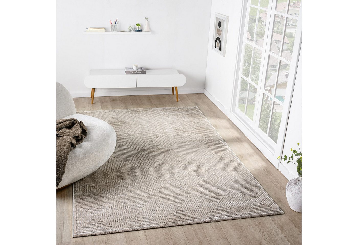 Vimoda Designteppich Wohnzimmer Boho Design 3D Raute Hoch-Tief-Effekt, Rechteckig, Höhe: 11 mm, Teppich 3D kariert für Esszimmer, Flur & Schlafzimmer – Bild 3 von 5