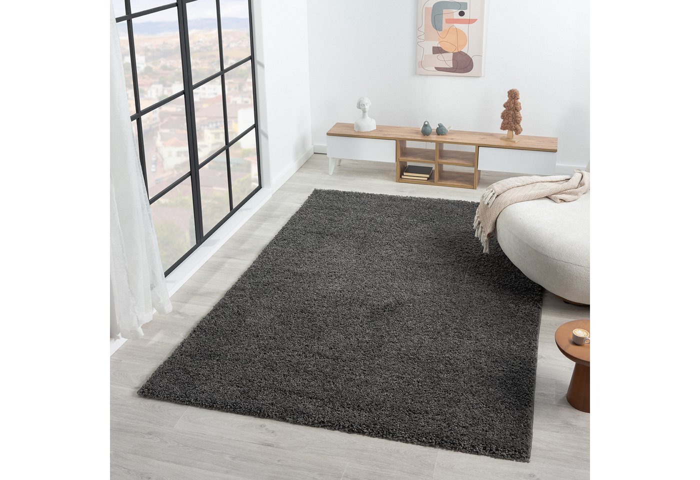 Vimoda Hochflor-Läufer Shaggy Teppich Anthrazit, Rund, Höhe: 30 mm, Einfarbig, Modern, Dunkelgrau, Langflor, Schlafzimmer – Bild 2 von 5