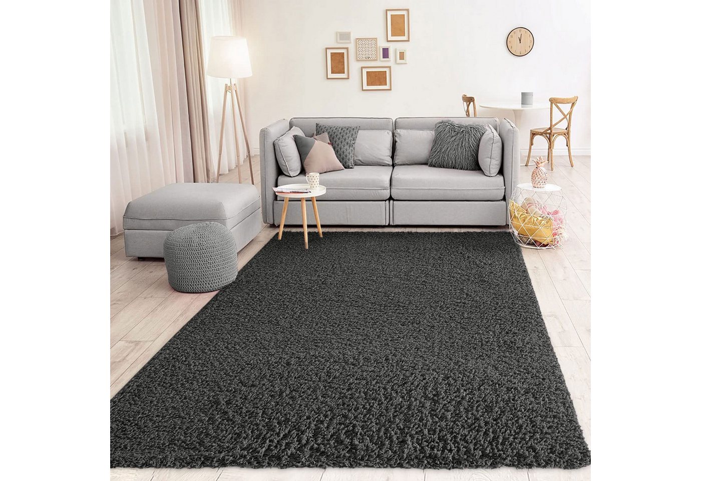 Vimoda Hochflor-Läufer Shaggy Teppich Anthrazit, Rund, Höhe: 30 mm, Einfarbig, Modern, Dunkelgrau, Langflor, Schlafzimmer – Bild 4 von 5