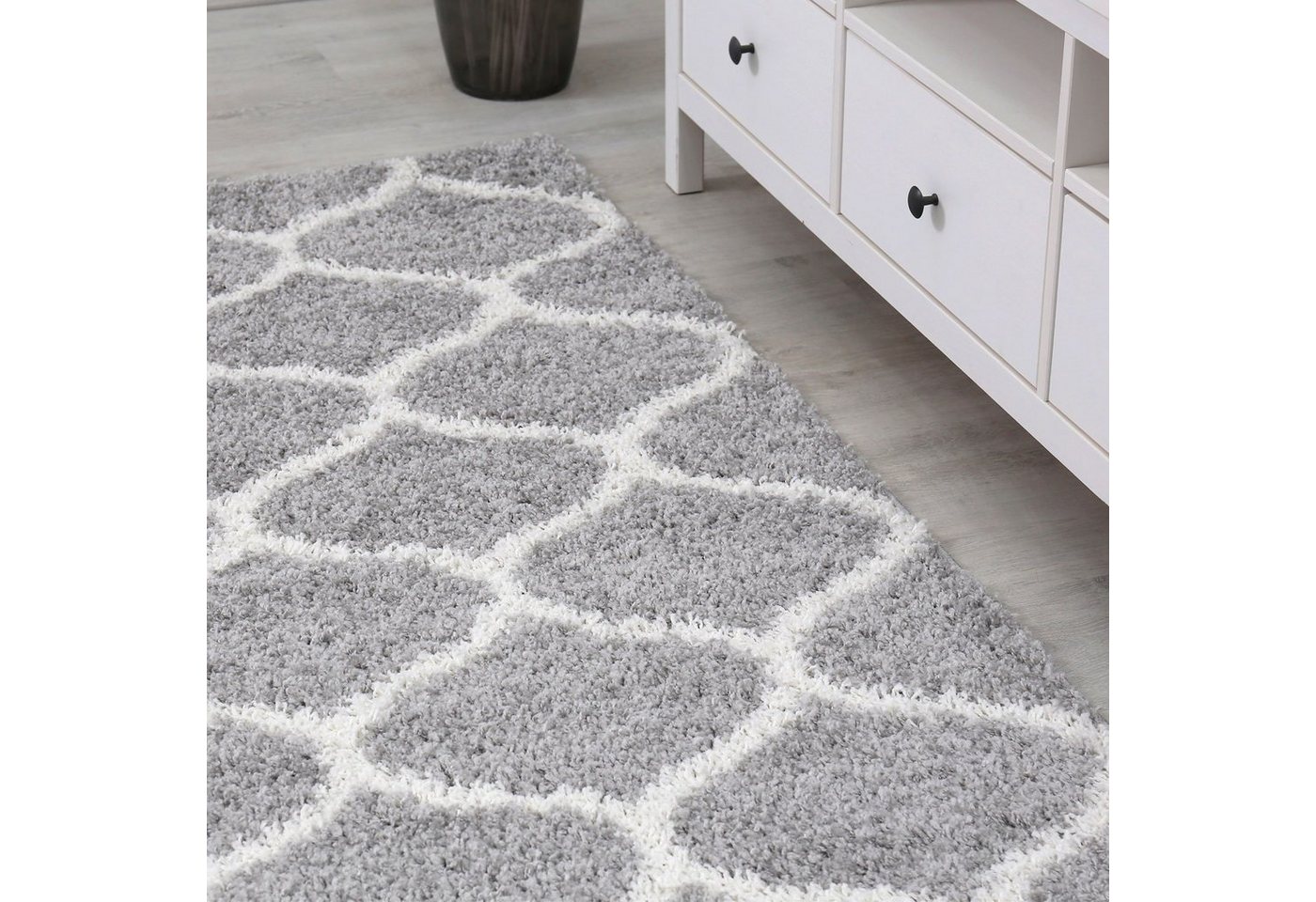 Vimoda Hochflor-Läufer Wohnzimmerteppich Modern, Rechteckig, Höhe: 30 mm, Marokkanisch, Raute Deko, Schlafzimmer,in Grau – Bild 5 von 5
