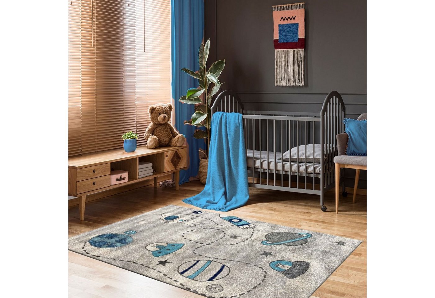 Vimoda Kinderteppich Astronaut in Grau und Blau, Rechteckig, Läufer mit Weltall Muster, Mond, Kinderzimmer, Spielzimmer – Bild 2 von 5